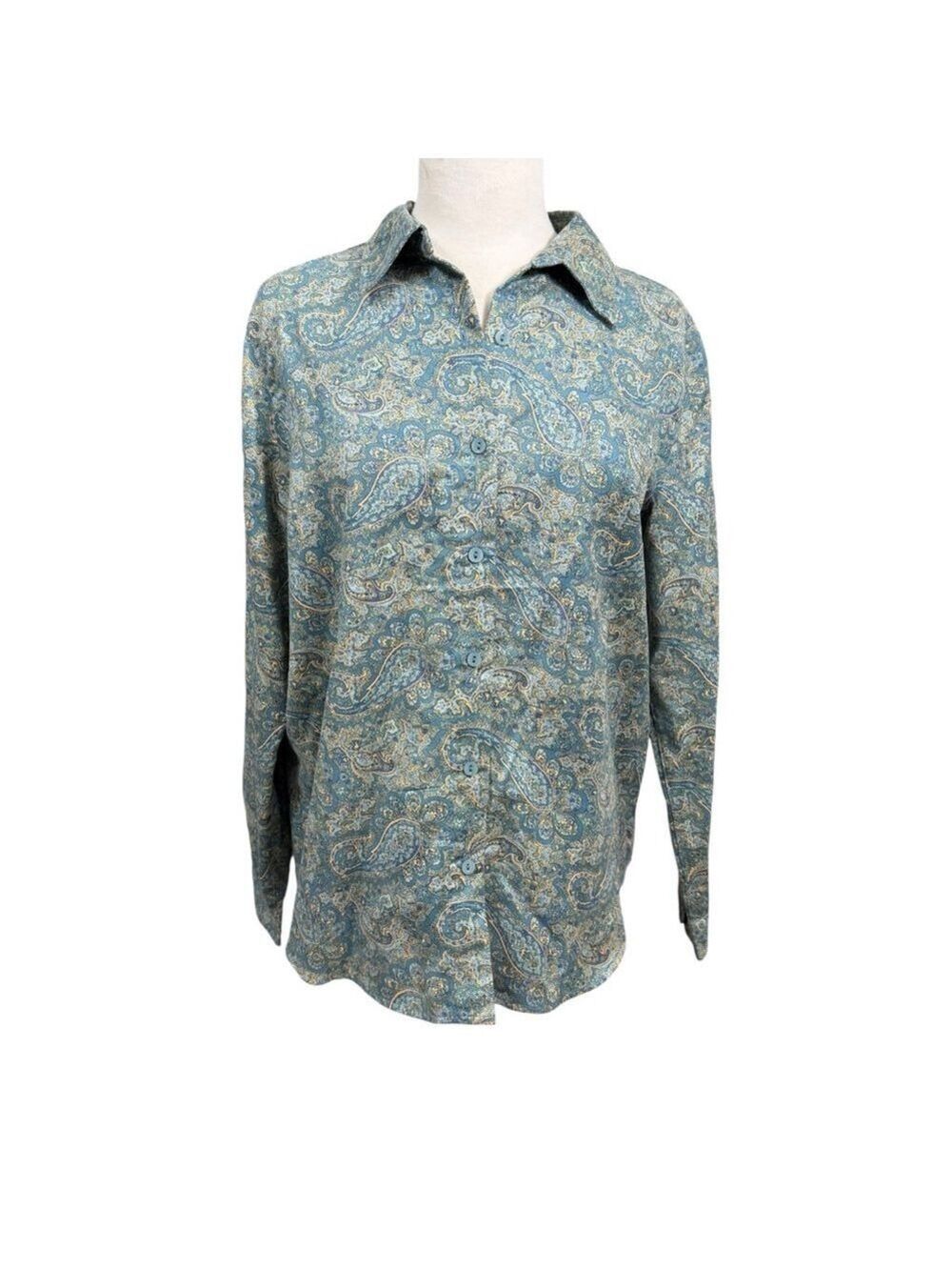 Lemon Grass Teal Paisley‎ Button Front Blouse Size M NWT